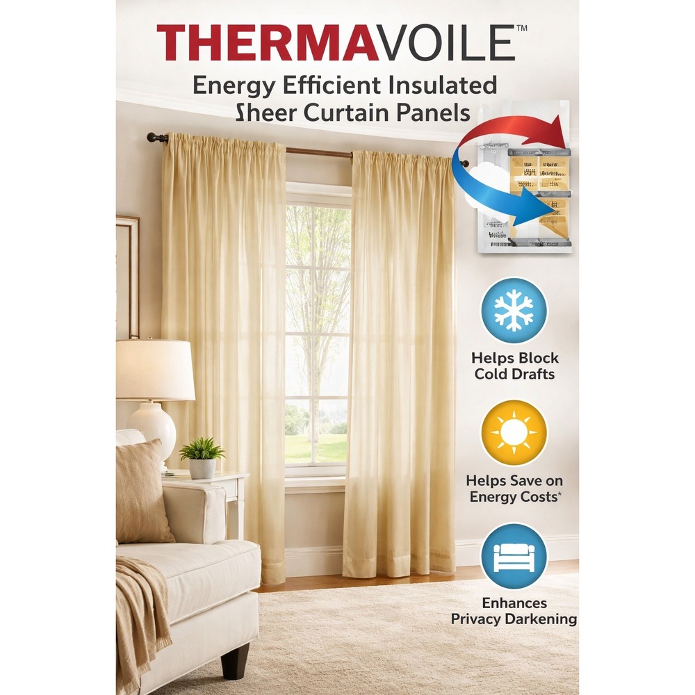 Set of‎ 2 Rhapsody Lined Insulated Sheer Rod Pocket Curtain Panel 54x63 Ivory